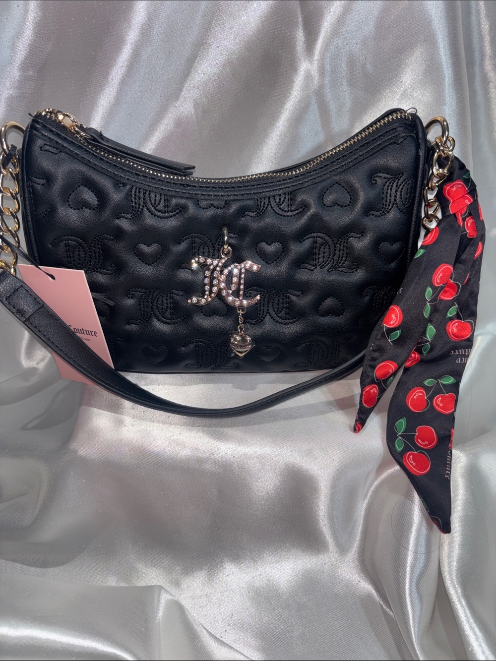 Juicy Couture Black Quilted Heart Shoulder Bag with JC Charm and Cherry Scarf